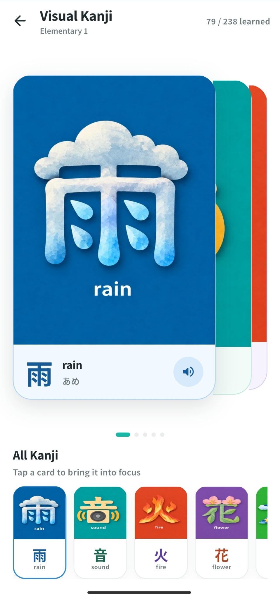 Michi Visual Kanji screen showing illustrated kanji cards